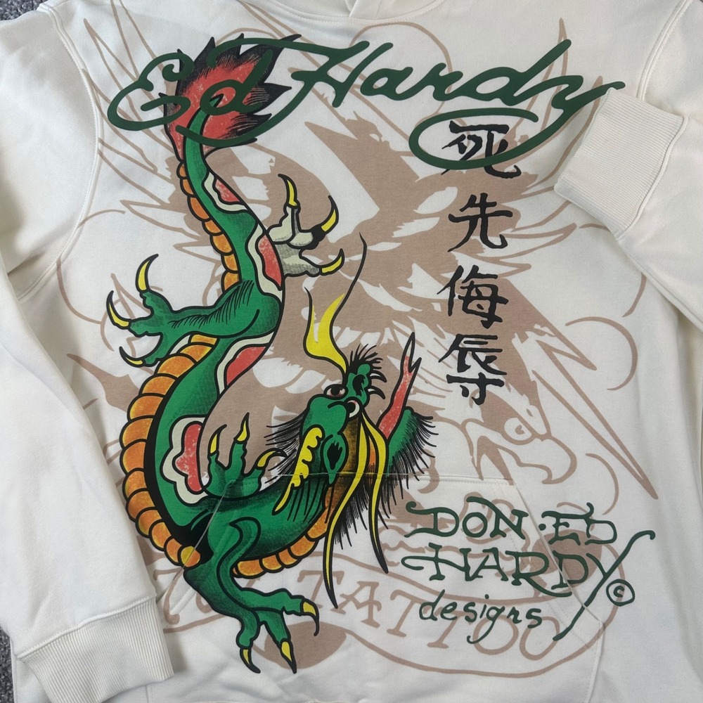 Ed Hardy Dragon Tattoo Hoodie Mens Large Ivory Graphic Pullover Streetwear NEW - Picture 3 of 8